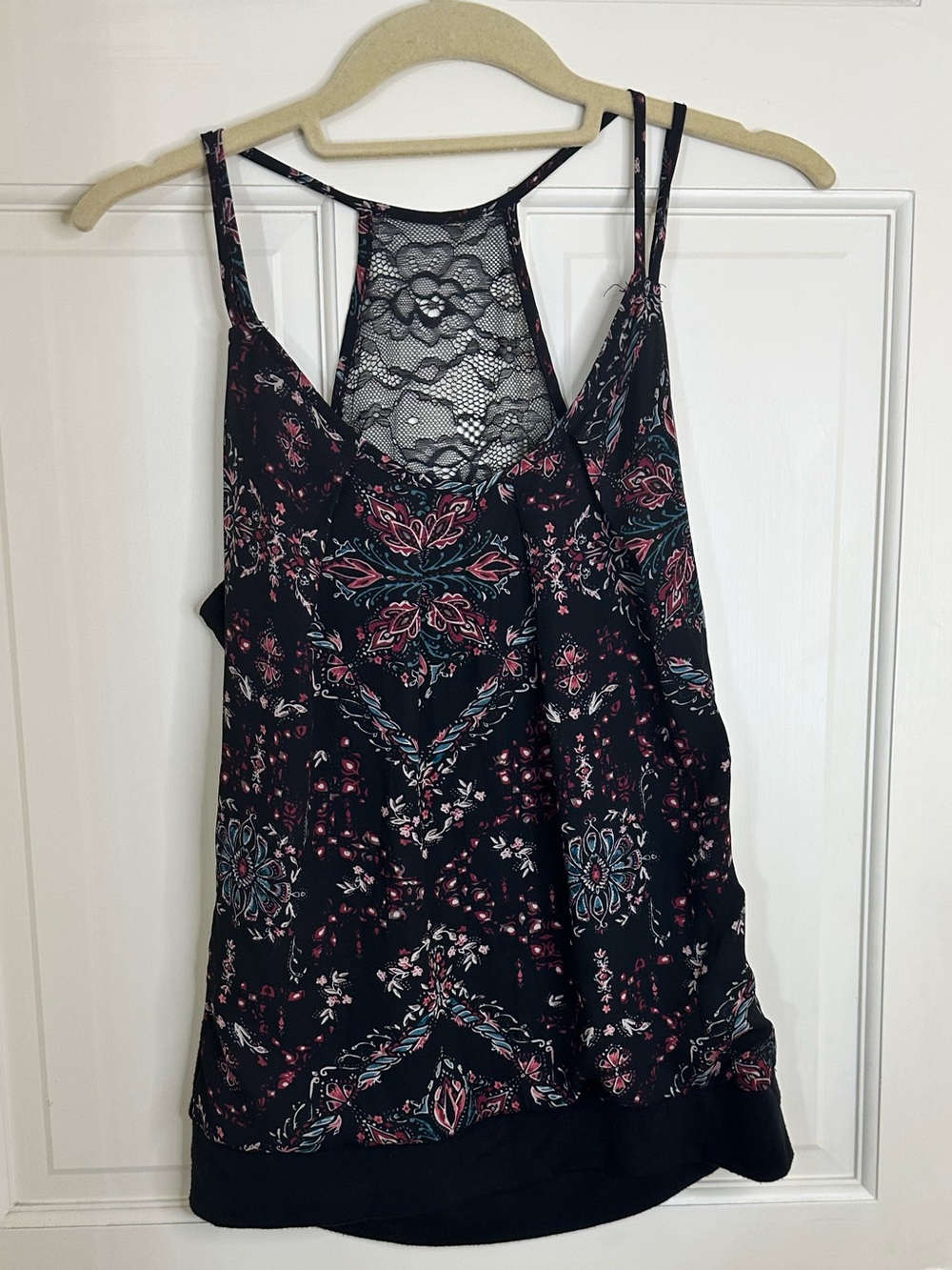 Maurice’s Black Floral Lace-Back Camisole with Pink and Teal Accents